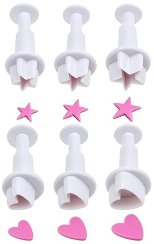 6 Pcs Heart & Star Fondant Plunger Cutters Set - White Plastic Molds - Hand‑Press Decor Tools for Cake Cookie Sugarcraft DIY Baking