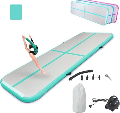 LSBIKE 3/4/5/6M Air Track Tumbling Matte Yogalmatte Mit Elektrischer Luftpumpe,Gymnastikmatte Camping Trainingsmatte Turnmatte Für Zuhause,Outdoor,Übungsgymnastik, Rutschfest & Wasserdicht (Grün, 5M)
