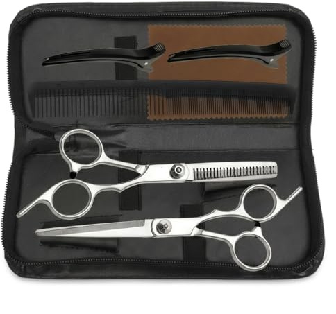 Dog Grooming Scissors Kit with Storage Bag, Pet Hair Cutting Scissors Set with Thinning Shears and Straight Scissors, Grooming Comb, 2 Hair Clips and Cleaning Cloth, Dog Supplies Grooming Kit for Pet