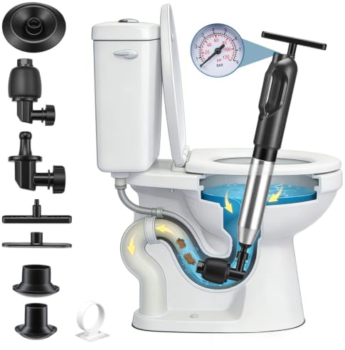 Desatascador de Tuberías,Pistola Desatascador Tuberías 4 en 1 con Manómetro Desatascador WC, Fregadero, Lavabo, Ducha Desatascador de inodoro con ventosa de alta presión con barómetro negro