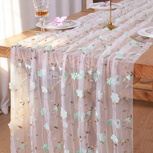 Weldomcor Tischläufer Frühling Grün, 76×305 cm Gaze Tischdecke mit Blumen Stickerei, Käsetuch Tischdecken Spitze Tüll Stoff Tischband für Hochzeit Geburtstag Urlaub Party Küche Drinnen Tischdeko