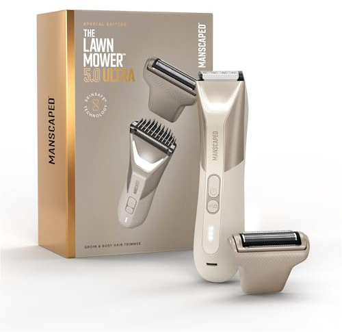 MANSCAPED® The Lawn Mower® 5.0 ULTRA Ljumsk- och kroppshårtrimmer – SkinSafe®-trimmer med dubbla huvuden och folieblad, vattentät våt/torrtrimmer, USB-C uppladdningsbar med resepåse, Desert Sand