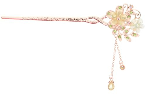 Toyvian Green Alloy Flower Hair Stick for Women Chinese Classical Hairpin with Gemstone Elegant Tassel Pendant Hair Accessory for Buns for Weddings and Parties