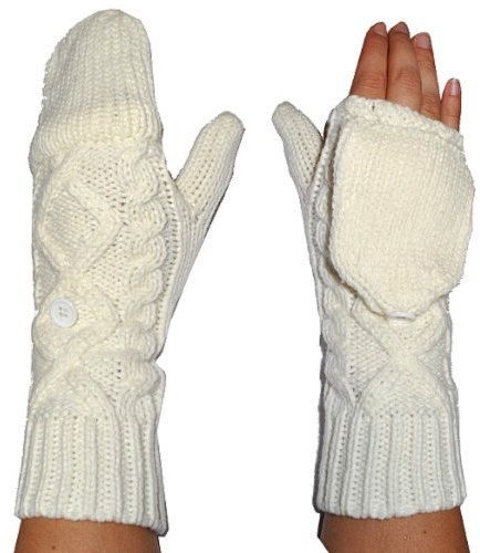 alles-meine.de GmbH Fingerlose Handschuhe Strick - umwandelbar zu Fausthandschuhen - mit Klappe - Creme Strickhandschuh Strick gestrickt Uni einfarbig weich fingerfrei Strick