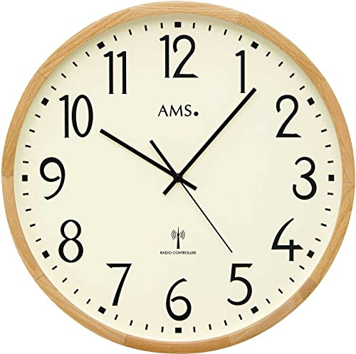 AMS 5534 Wanduhr Rund 40 cm Buche Massivholz Funkuhrwerk Cremefarbenes Zifferblatt