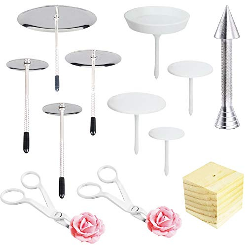 12 PCS Cake Decorating Supplies, Woohome 8 PCS 2 Style Cake Flower Nail, 2 PCS Flower Lifters and 1 PCS Wood Flower Nails Holder, 1 PCS Cake Icing Dispensers for Icing Flowers Decoration