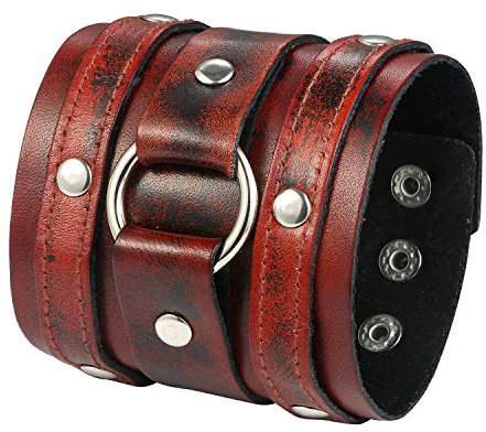 JewelryWe Schmuck Herren Breit Lederarmband Gotik Ring Kreis Nieten geflochten Leder Armreif Manschette Druckknopf Punk Rock Biker Armband verstellbar Schwarz/Rot