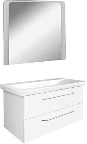 FACKELMANN weißes Hochglanz Badmöbel Set 3-TLG. Milano hängend Keramikwaschbecken 100 cm & LED Badspiegel