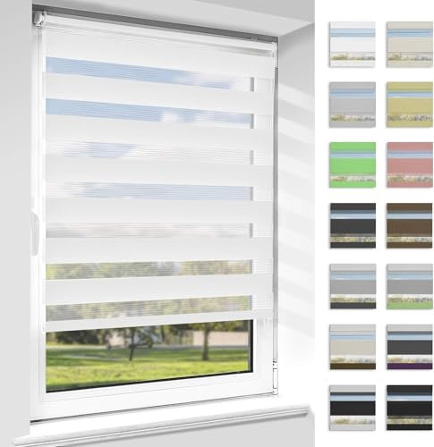 Vkele Doppelrollo Klemmfix ohne Bohren, 60x200cm(BxH) Weiß, Duo Rollo Zebrarollo Fensterrollo für Fenster und Tür, Lichtdurchlässig Verdunkelnd, Seitenzugrollo Sonnenschutz Sichtschutz