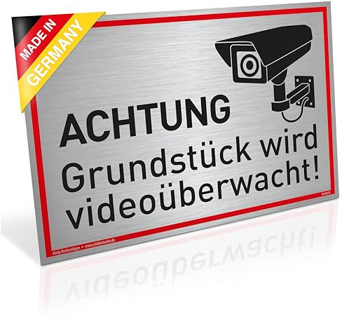 Schild Achtung Grundstück wird videoüberwacht! | Alu 30 x 20 cm | stabiles Alu Schild mit UV-Schutz | silber gebürstet edle Optik | Videoüberwachung Kameraüberwachung Kameraüberwacht | Dreifke®