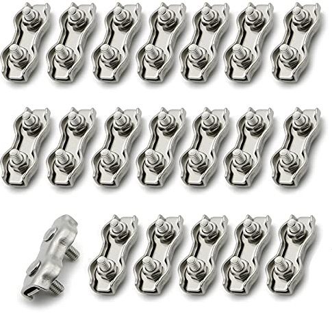 20PCS M2 Duplex Klemme Set Edelstahl Drahtseile Clip Verzinkt Drahtseilklemme Rutschfest korrosionsbeständig zum Sichern von Seilen Stahldraht Wäscheleine für Drahtseile von 1mm bis 1.6mm（Silber）