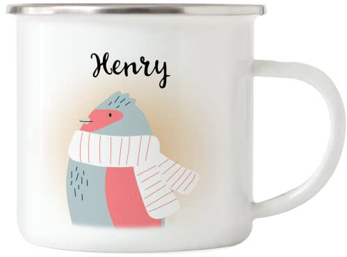 Kiddle-Design Emaille-Tasse Weihnachten Kinder personalisiert mit Name | Kindertasse mit Vogel-Motiv Geschenk Jungen Mädchen zu Weihnachten Nikolaus Tasse