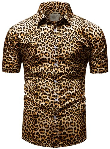 fohemr Herren Leopard Hemd Kurzarm Button down Tiger Tier Muster Freizeithemd Sommerhemd