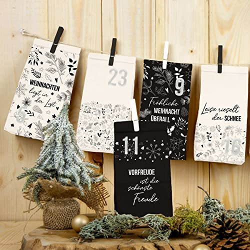 Papierdrachen Adventskalender 2025 zum Befüllen - Motiv Holy Night - 24 schwarze & weiße Papiertüten mit Zahlenaufklebern und Klammern - DIY Weihnachten