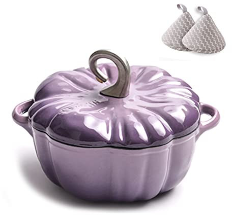 YLWX Cazuelas Inducción Esmaltada, Olla De Barro Cacerola, Horno Holandés De Hierro Fundido, Cocotte De Cocción Con Forma De Calabaza De 3,7 L (Color : Purple)