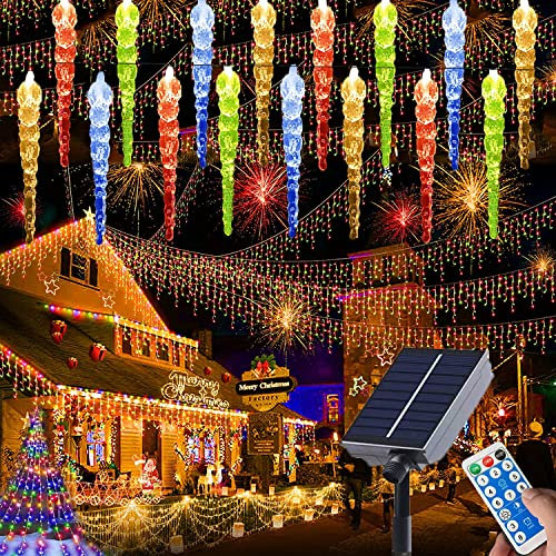 SUAVER Solar LED Eiszapfen Vorhang Lichter Außen Lichterkette Wasserdicht Eisregen Draußen drinnen Dekoration Eissäule 8 Modi Weihnachtsbeleuchtung mit Fernbedienung (50LED mehrfarbig)