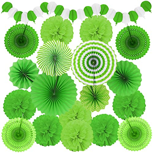 Recosis Grün Party Dekoration, Papier Pompoms Aufhängen Fächer Girlande für St. Patricks Day Dschungel Hawaii Dino Fussball Party Dekoration Dinosaurier Weihnachten Geburtstag Deko