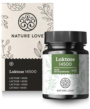 NATURE LOVE® Laktasetabletten – 90 Tabletten – Hochdosiert mit 14500 FCC – mit Akazienfaser ohne synthetische Zusätze, vegan – laborgeprüfte Lactase Tabletten, in Deutschland produziert
