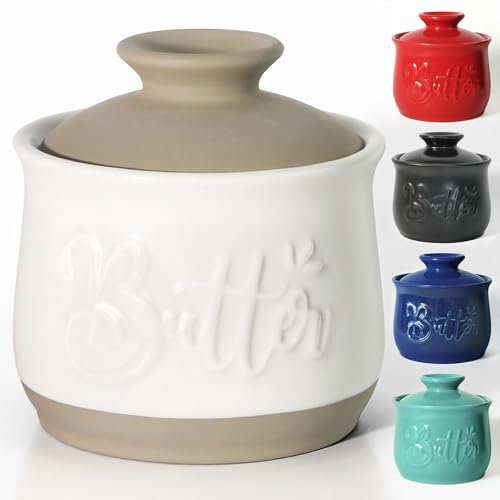 MAIA Mantequera de cerámica de 5.5 onzas para mostrador con soporte esparcidor de mantequilla de agua para mantequilla francesa con tapa, soporte para mantequilla en encimera de cocina, decoración de