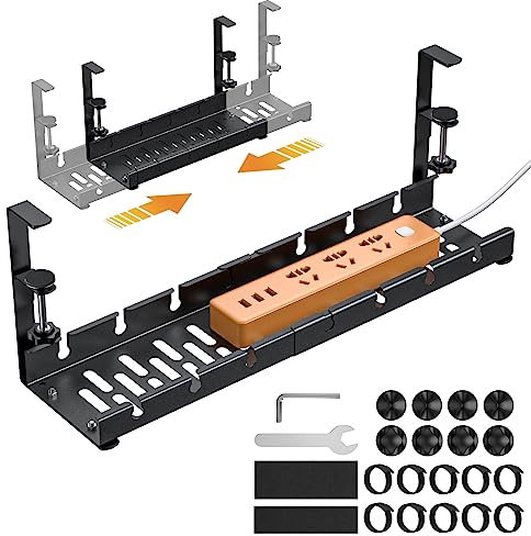 Under Desk Cable Management Tray, 12 - 21.6 Retractable Metal Wire Cable Management Tray with Cable Holder Ties, No Drill Cord Organizer for Office and Home