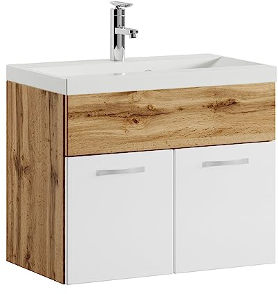 Badplaats Badmöbel Set mit Waschbecken und Unterschrank Montreal 01 60 x 35 cm Eiche mit Weiß - Waschbeckenunterschrank mit Waschbecken