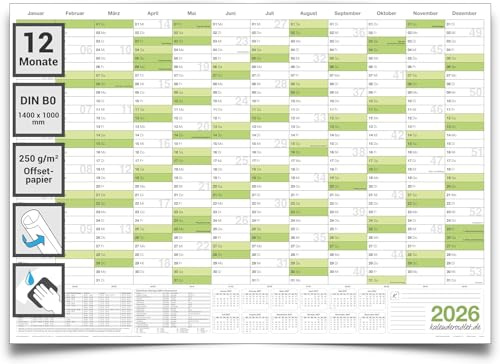 DIN B0 Wandkalender 2026 abwischbar – XXL Jahresplaner 140x100 cm für Büro, Schule & Zuhause, großer Wandkalender 2026, Jahreskalender, Kalender 2026 deutsch, Planer großformat von Kalenderoutlet