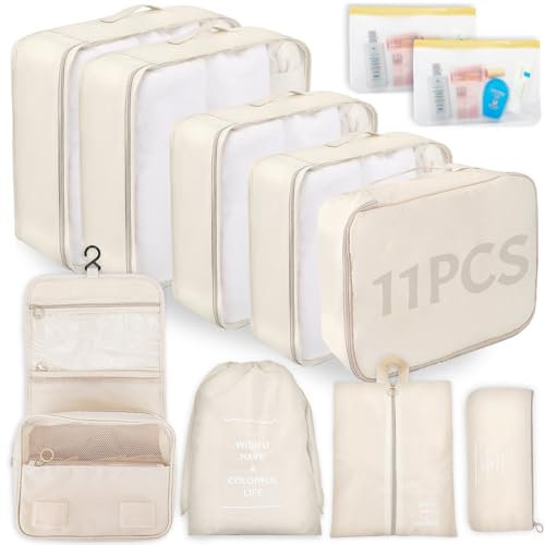 WECUTE Koffer Organizer Set, 11-Teilige Packing Cubes Set, Wasserdichte Reise Kleidertaschen,Koffer Organizer für Urlaub und Reisen, Packwürfel Set Reise Würfel (Khaki)