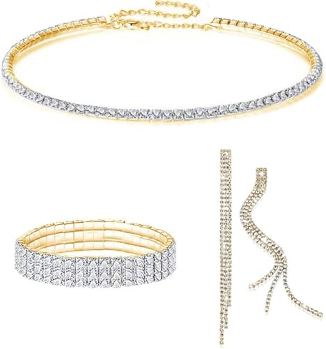 FDEETY Juegos de Joyas de Mujer Conjunto de Joyería para Novia Diamantes de Imitación Collar Pulsera Pendientes de Borla Juego para Fiesta de Boda (Oro)