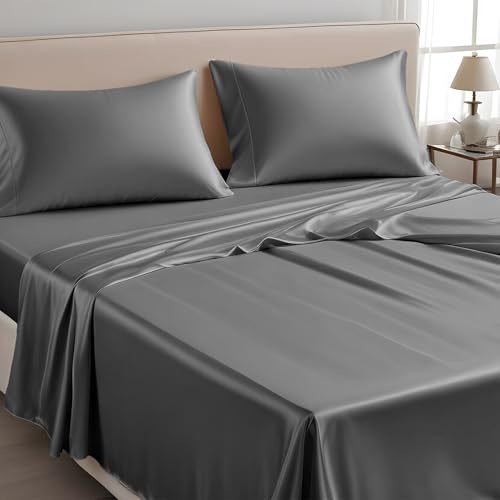 LINENWALAS Nur Bettlaken für Einzelbett, 100 % Tencel, weiche Seide, kühlendes Oberlaken, Lyocell-Bettwäsche, perfekt für Haar und Haut, 180 x 275 cm (Anthrazit, Einzelbett)