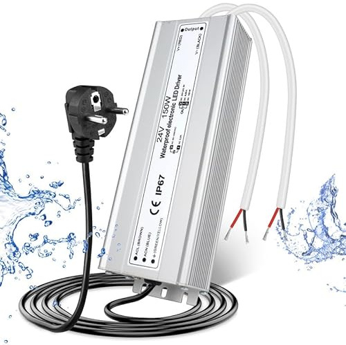 LED Trafo 24V 150W IP67, Outdoor Wasserdicht Transformator mit Stecker, Netzteil Treiber 230V auf DC 24 Volt Adapter, LED Driver Außen für LED-Streifen Lampen Strahler Lichtbänder