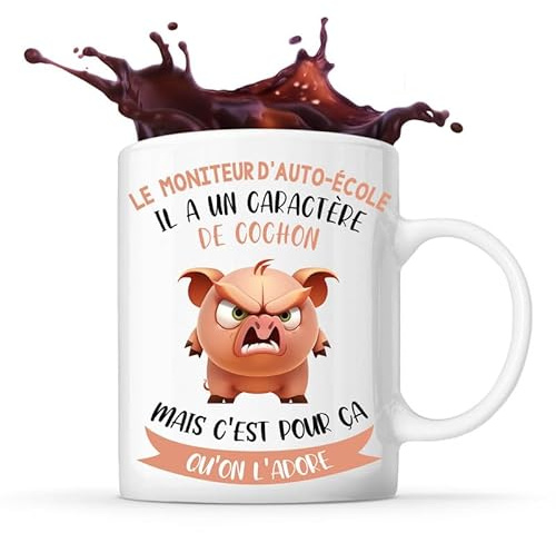 Planetee Mug le Moniteur d'Auto-École Caractère de Cochon | Tasse Métier Collègue Cadeau Travail Boulot Départ Retraite