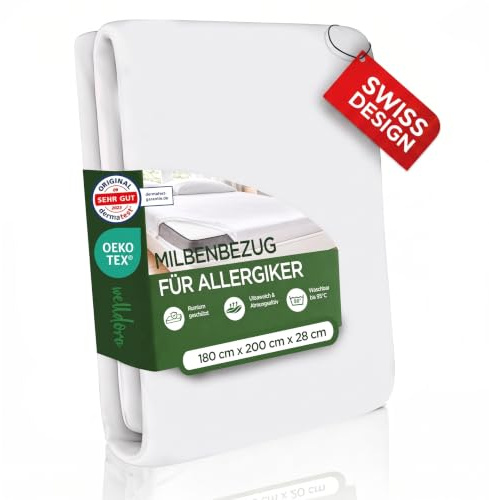 Welldora Milbenbezug Matratze 180x200x28, Premium Encasing, Allergiker | Fachärztlich getesteter Allergiker-Schutz gegen Milben | Mit Reissverschluss | Oeko-Tex | Waschbar bis 95°C | Schweizer Marke