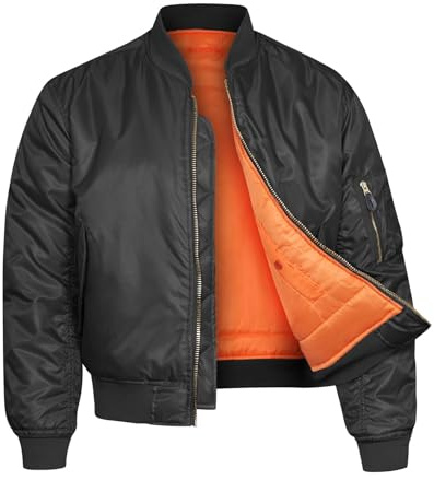VINTIKA Bomber Jacket MA1 Classic US Air Force Pilot Flight Military Style Nylon Padded Coat - Black - L