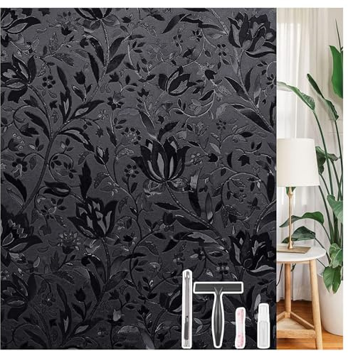 LEMON CLOUD Fensterfolie Blickdicht Selbsthaftende, Schwarz Verdunklungsfolie Statisch No-Glue Sichtschutzfolie, Anti-UV Sonnenschutzfolie für Schlafzimmer, Schwarz Tulpe (44,5x200 cm mit Werkzeug)