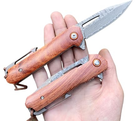 Obespina Couteau Pliant Poche Damas Acier 67 Couches VG10 Damascus lame Tranchante et Manche bois Collection Cadeau Fête Homme edc Camping Table Collection Tradition Artisanat Linerlock