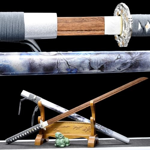 HJHUUA Katana aus natürlichem Wengeholz,handgefertigtes Bokken,Holzscheide mit bemaltem Muster,gerades Samurai-Schwert aus Holz für Geschenke,Displays,Kendo-Training,Cosplay,Requisiten – 103 cm