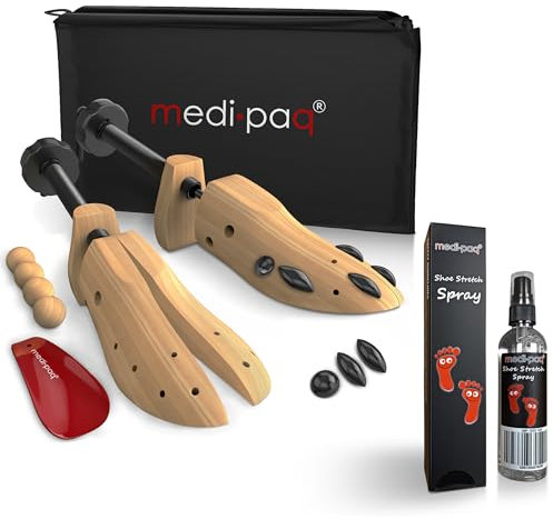 Medipaq Premium Wooden Shoe Stretchers with Stretching Spray - Two-Way Adjustable Shoe Expander for Men, Cedar Balls, and Storage Bag