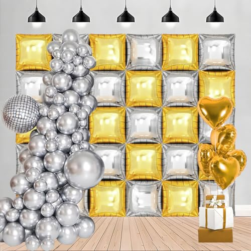 Metallic Gold and Silver Square Foil Balloons Wall - 19 Inches Square Balloons Tunnel Arch Garland Kit for Graduation Decorations Class of 2025, Graduation Backdrop, Grad Party Decorations