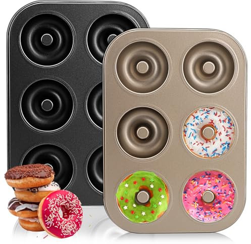 Flearitzo 2 PCS Molde para Donuts con 6 cavidades 6 cavidades con saliente central para hacer donutsacero antiadherente bandeja para hornear rosquillas repostería postres 10.4×7.4×0.4 in(Negro+Oro)