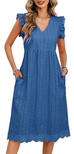 UMIPUBO Vestiti Estivi Donna Cotone Scollo a V Midi Vestito Senza Maniche Ruffles con Tasche Eleganti Boho Abito da Spiaggia Casual Colori Solidi Abiti Estivo (Blu, M)