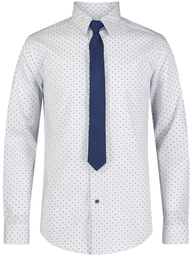 Calvin Klein Boys' Long Sleeve Button-Down Collared Dress Shirt with Tie and Chest Pocket, Blue Dot, 16