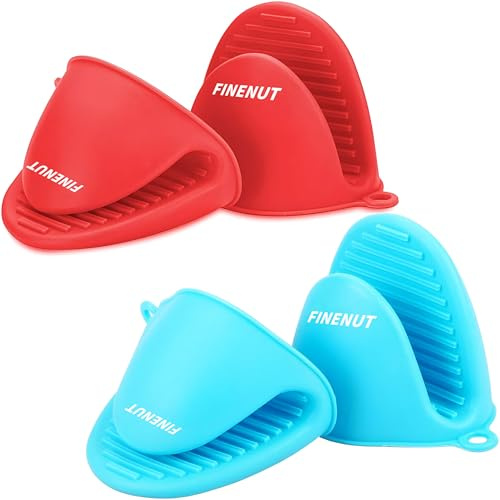 Mini-Silikon-Ofenhandschuhe, ungiftig, hitzebeständig, für Grill, Pizzastein, Luftfritteuse, leicht, rutschfest, kompakt für Camping/Backen, spülmaschinenfest, 4 Stück (2 Paar) (Rot und Blau)