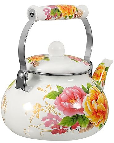 COLLBATH 2.5l Enamel Tea Kettle Yellow Rose Stovetop Kettle Handle Vintage Floral Teapot for Daily Home Use