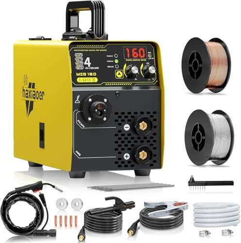 160A MIG Welder 4 in 1 Semi-Automatically Synergy Gas MIG/Gasless MIG/ARC/Lift TIG MIG Welding Machine with Solid Core Flux Core Wires, Yellow
