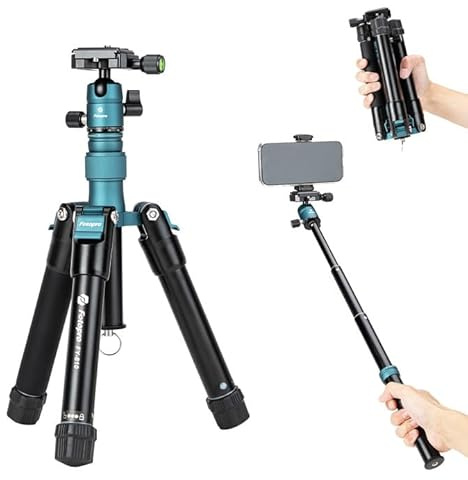 Fotopro Trépied de voyage compact léger de 140 cm, mini trépied multifonction avec tête sphérique en aluminium, support de téléphone amovible, pliable seulement 21,8 cm, charge maximale jusqu'à 3 kg