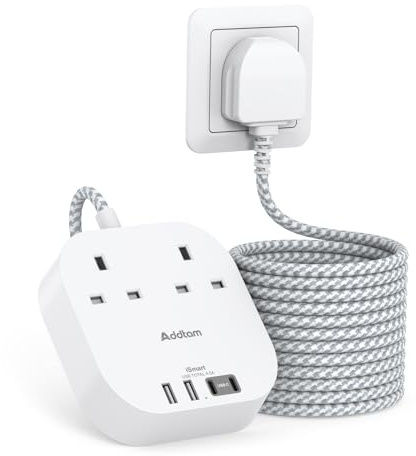 3M Extension Lead with USB Slots, Power Strips with 2 Way Outlets 4 USB (4.5A, 2 Type C and 2 USB A Ports) Surge Protection Plug Extension Socket with Braided Extension cord for Home/Office