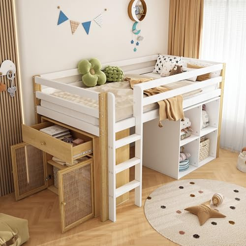 Moimhear Cama alta para niños, 90 x 200 cm, multifuncional, con 2 armarios y escalera, color natural y blanco