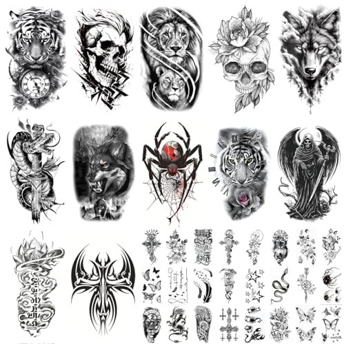 36 Fogli Tatuaggi Temporanei, Mezzo Braccio Leone Lupo Serpente Rosa Joker Teschio Crocifisso, Impermeabili Tatuaggi Finti, Tatuaggio Halloween, Realistici Adesivi per Uomo Donna e Bambini
