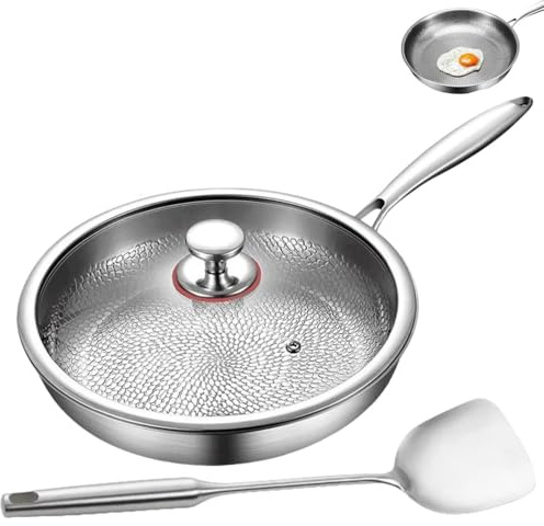 WIWIDANG Titan Bratpfanne, Titanium Hammered Pan Pro, Sartenes Antiadherentes Con Tapa, Sartenes Acero Inoxidable Sin Revestimiento, Fondo Plano (Con tapa, 28CM)
