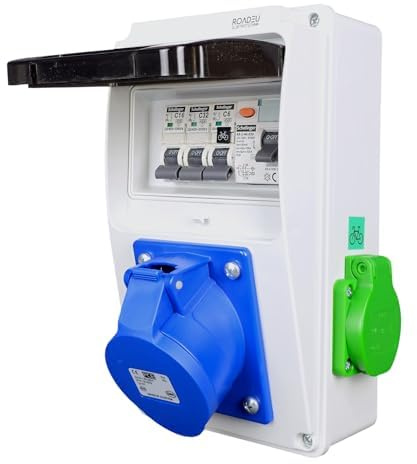 RoadEu Hybrid Stromverteiler | CEE 32A 3P, Schuko & E-Bike-Steckdose | FI-Schutzschalter Typ A 30mA & Leitungsschutzschalter C6A/C16A/C32A | IP44 Wandmontage